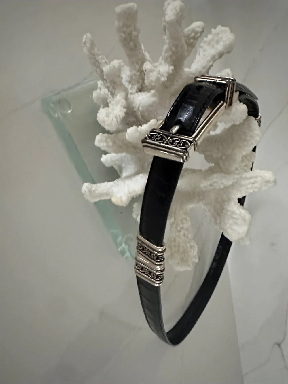 Brighton Black Leather Headband with Silver Decorative Accents. Size 41 inches.